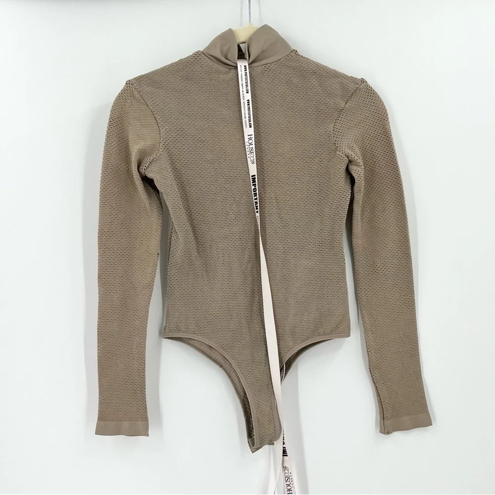 HOUSE OF CB Shadow Mocha Tan Knitted Stretch Mesh Bodysuit Long Sleeve M/L NEW_6